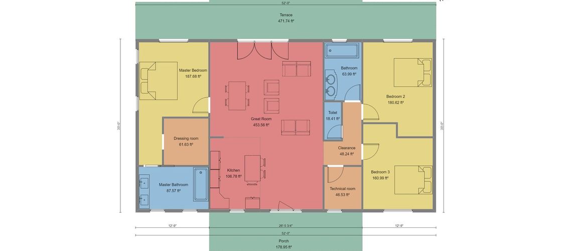 2D floor plan of a small house with room colors and technical symbols