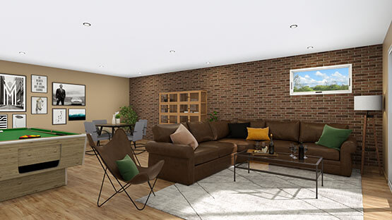 3D render of a basement designed with Cedreo