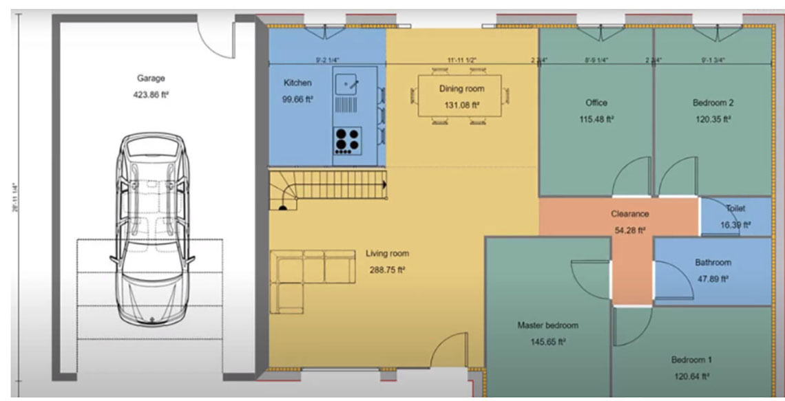 2D floor plan with colors and symbols