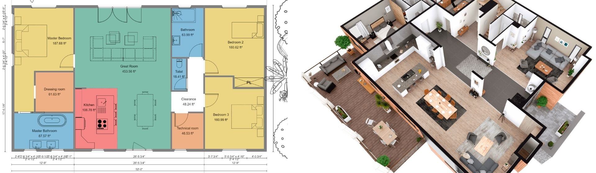 2D- und 3D-Grundriss für die Architektur-Akquise