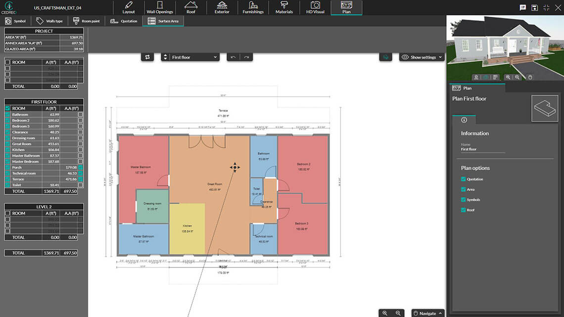 Screenshot surface area table in Cedreo