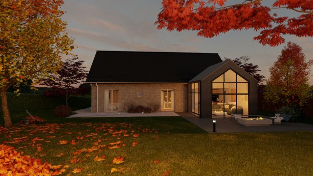 Maison contemporaine visuel 3D exterieur de nuit