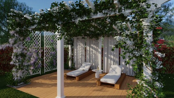 Render 3D de un jardin con flores colgantes creado con Cedreo