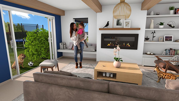 3D rendering of a modern living room with pets and characters