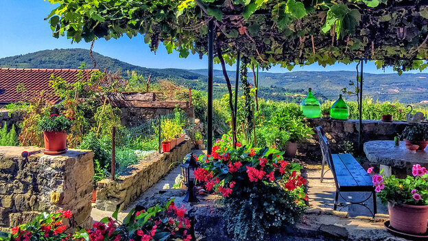 mediterranean garden with shaded seating area