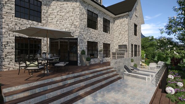 Render 3D de un jardin con azulejos creado con Cedreo