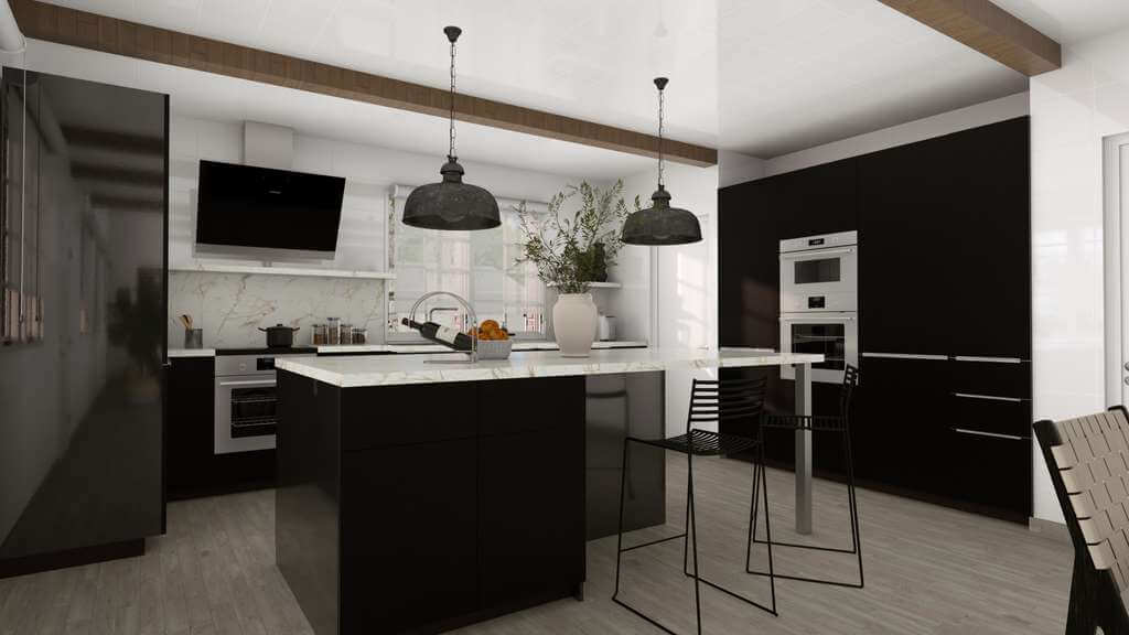 render 3D de una cocina en L creado con Cedreo