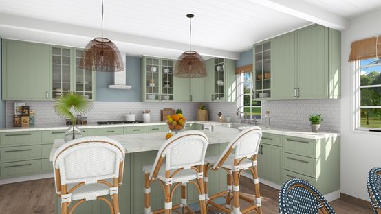 render 3D de una cocina con tonos de azul creado con Cedreo