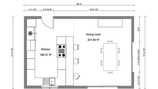 Plano 2D de una cocina en forma de U creado con Cedreo