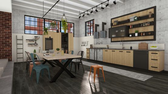 render 3D de una cocina industrial creado con Cedreo