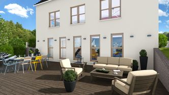 Mit Cedreo erstellte Visualisierung einer Terrasse mit Stützmauern