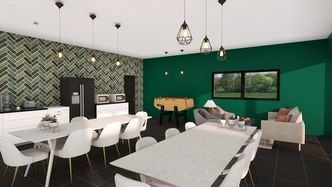 Renderizado 3D de la distribución de la cocina y el comedor de una oficina