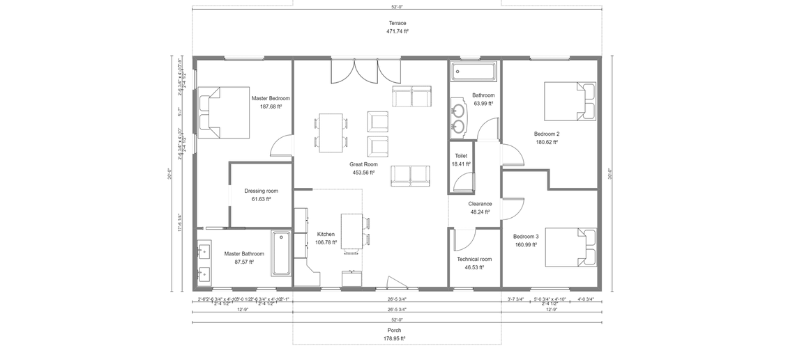 Planimetria 2D di una piccola casa con informazioni tecniche