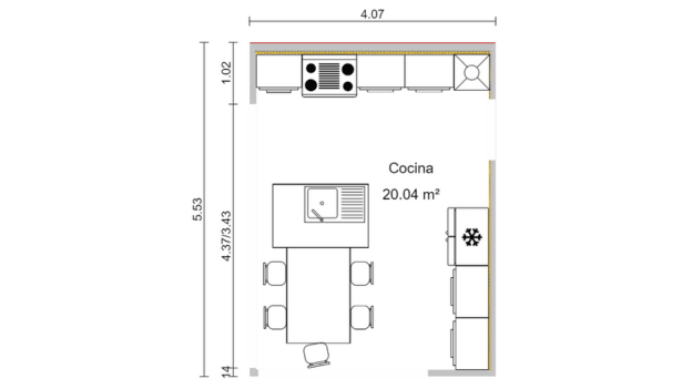 plano 2D de una cocina con isla creado con Cedreo