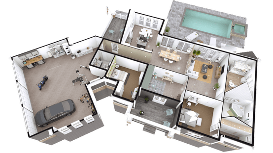 3D plattegrond van een ranchwoning ontworpen met Cedreo