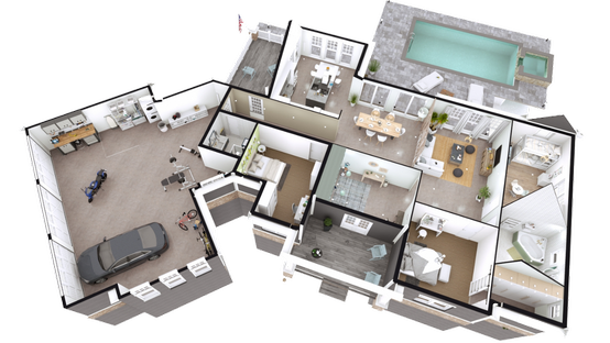 3D Floor Plan Rendering with garage and pool